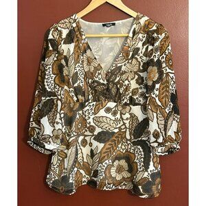 Y2K Vintage Rafaella Brown White Boho Floral Baby Doll Blouse Large Coachella